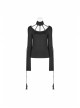 High Collar Front Chest Hollow-Out Knit Strip Open-Fork Horns Sleeve Leather Lace-Up Tassel Black Gothic T-Shirt