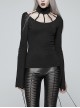 High Collar Front Chest Hollow-Out Knit Strip Open-Fork Horns Sleeve Leather Lace-Up Tassel Black Gothic T-Shirt