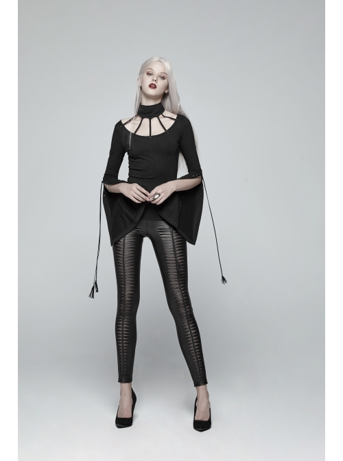High Collar Front Chest Hollow-Out Knit Strip Open-Fork Horns Sleeve Leather Lace-Up Tassel Black Gothic T-Shirt