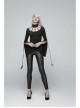 High Collar Front Chest Hollow-Out Knit Strip Open-Fork Horns Sleeve Leather Lace-Up Tassel Black Gothic T-Shirt