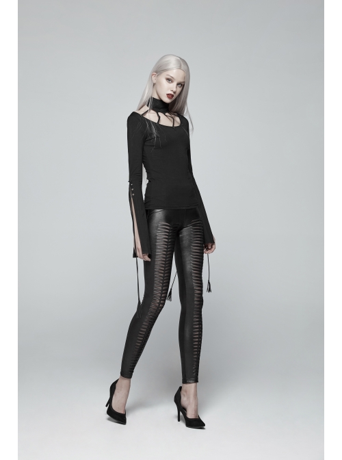 High Collar Front Chest Hollow-Out Knit Strip Open-Fork Horns Sleeve Leather Lace-Up Tassel Black Gothic T-Shirt