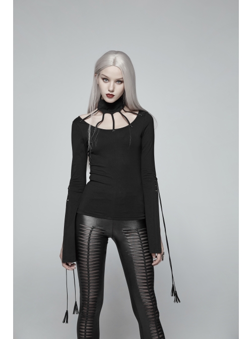High Collar Front Chest Hollow-Out Knit Strip Open-Fork Horns Sleeve Leather Lace-Up Tassel Black Gothic T-Shirt