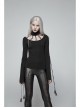 High Collar Front Chest Hollow-Out Knit Strip Open-Fork Horns Sleeve Leather Lace-Up Tassel Black Gothic T-Shirt