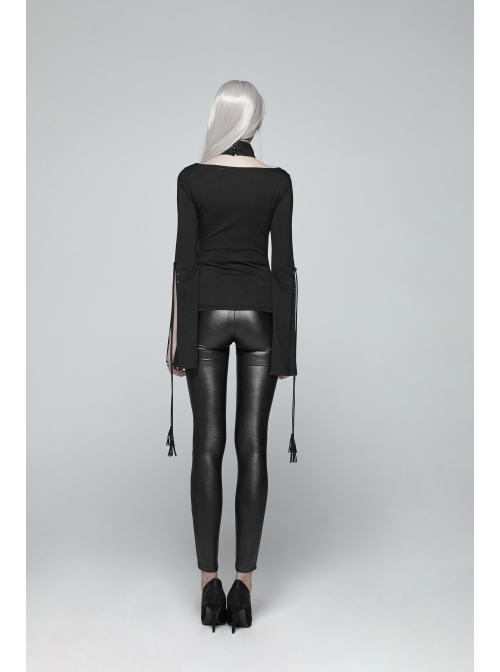 High Collar Front Chest Hollow-Out Knit Strip Open-Fork Horns Sleeve Leather Lace-Up Tassel Black Gothic T-Shirt