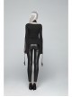 High Collar Front Chest Hollow-Out Knit Strip Open-Fork Horns Sleeve Leather Lace-Up Tassel Black Gothic T-Shirt