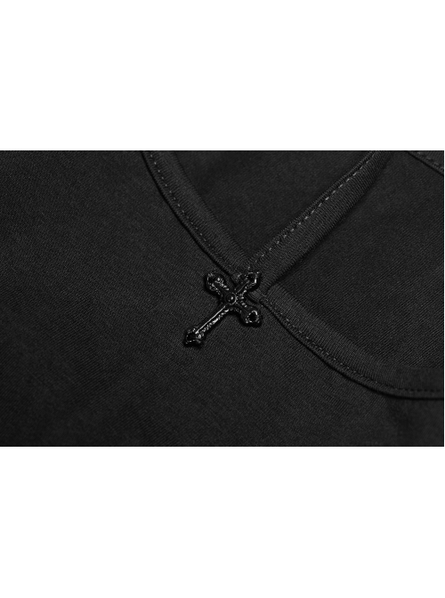 High Collar Front Chest Hollow-Out Knit Strip Open-Fork Horns Sleeve Leather Lace-Up Tassel Black Gothic T-Shirt