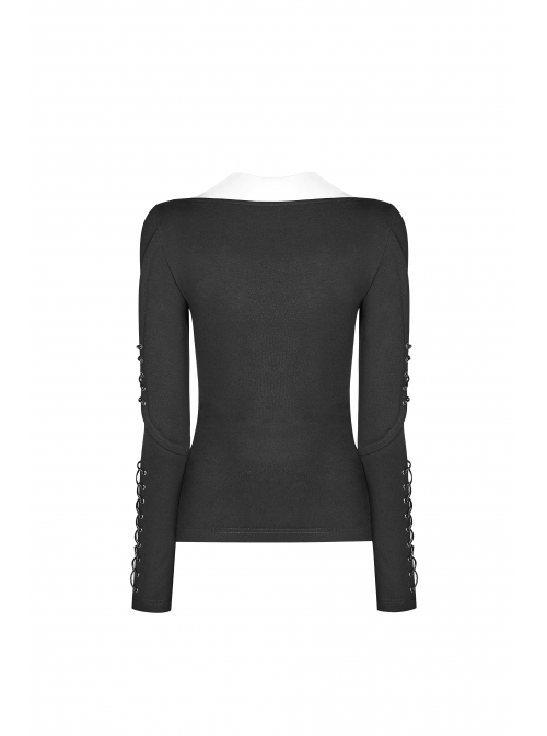 Front Chest Metal Ring Hasp Long Sleeve Hollow-Out Lace-Up Black Punk Knit T-Shirt