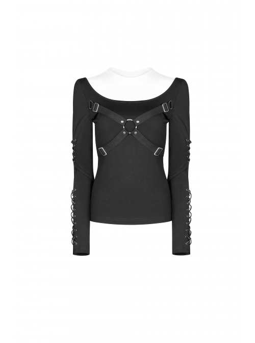 Front Chest Metal Ring Hasp Long Sleeve Hollow-Out Lace-Up Black Punk Knit T-Shirt