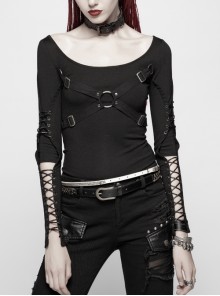 Front Chest Metal Ring Hasp Long Sleeve Hollow-Out Lace-Up Black Punk Knit T-Shirt
