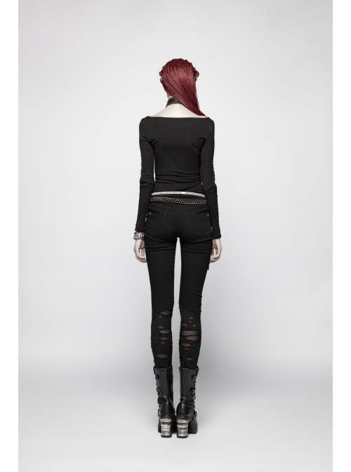 Front Chest Metal Ring Hasp Long Sleeve Hollow-Out Lace-Up Black Punk Knit T-Shirt