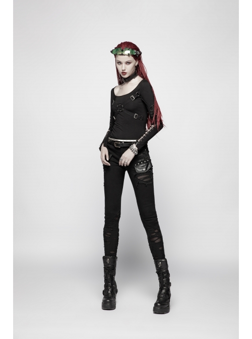 Front Chest Metal Ring Hasp Long Sleeve Hollow-Out Lace-Up Black Punk Knit T-Shirt