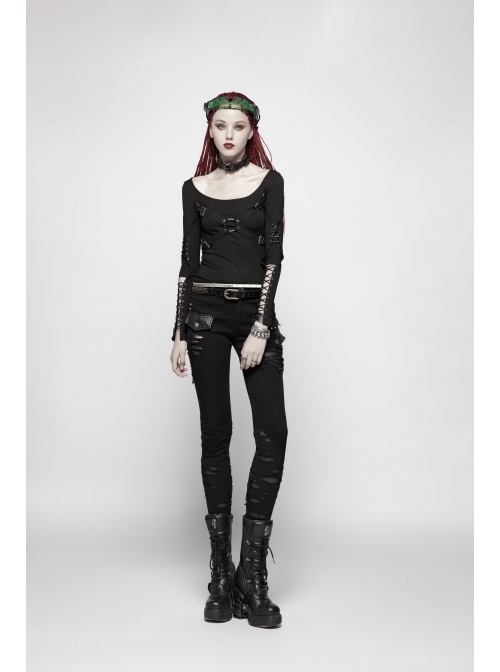 Front Chest Metal Ring Hasp Long Sleeve Hollow-Out Lace-Up Black Punk Knit T-Shirt