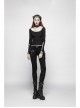 Front Chest Metal Ring Hasp Long Sleeve Hollow-Out Lace-Up Black Punk Knit T-Shirt