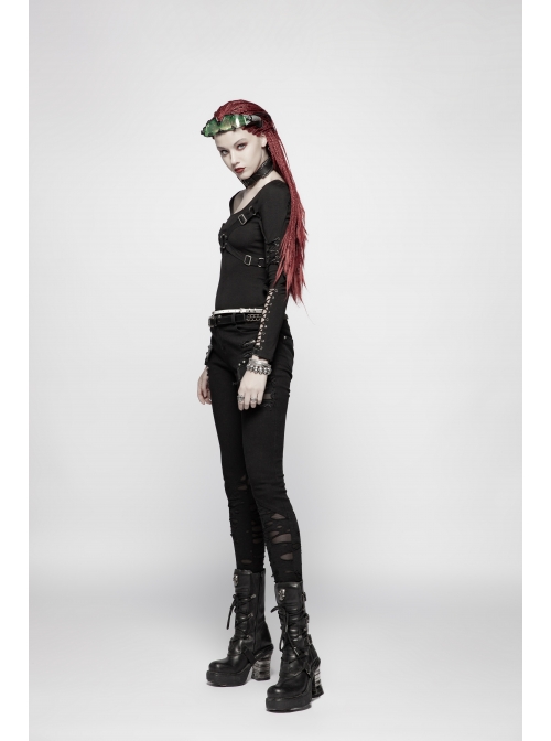 Front Chest Metal Ring Hasp Long Sleeve Hollow-Out Lace-Up Black Punk Knit T-Shirt