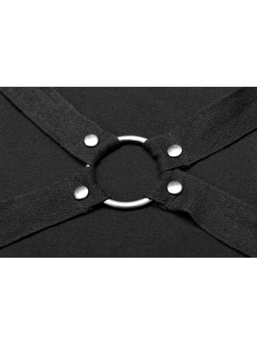 Front Chest Metal Ring Hasp Long Sleeve Hollow-Out Lace-Up Black Punk Knit T-Shirt