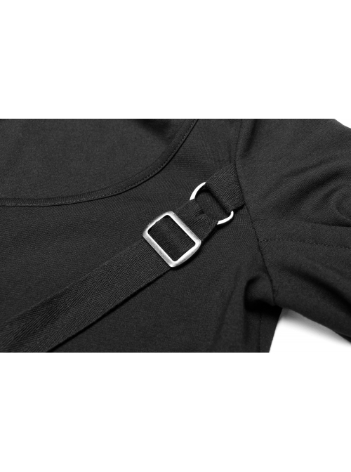 Front Chest Metal Ring Hasp Long Sleeve Hollow-Out Lace-Up Black Punk Knit T-Shirt