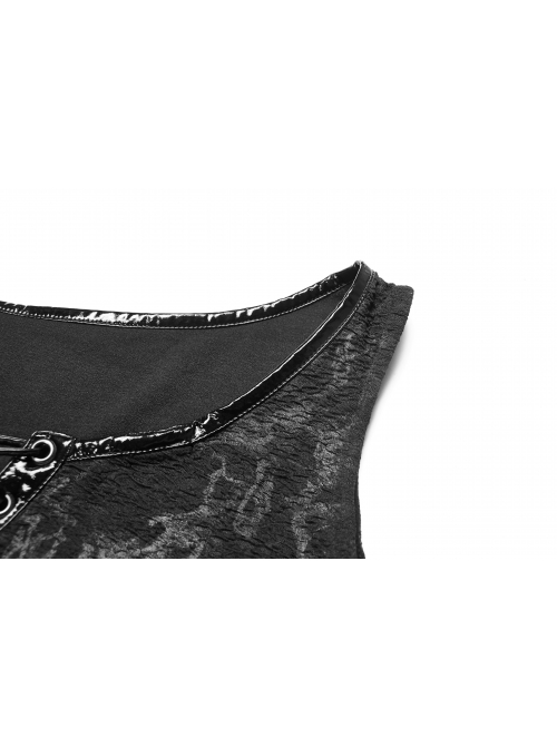 Dark Pattern Knit Metal Ring Choker Front Collar Fork Lace-Up Black Punk Vest