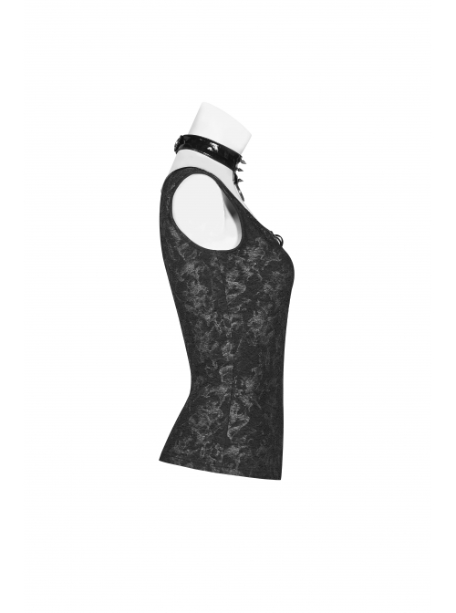 Dark Pattern Knit Metal Ring Choker Front Collar Fork Lace-Up Black Punk Vest