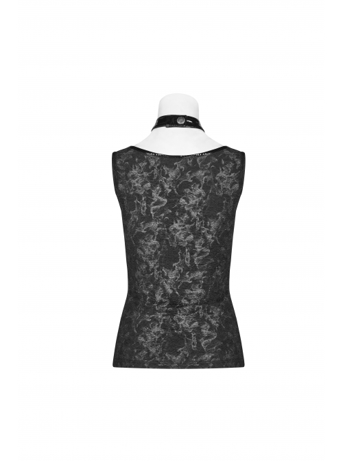 Dark Pattern Knit Metal Ring Choker Front Collar Fork Lace-Up Black Punk Vest