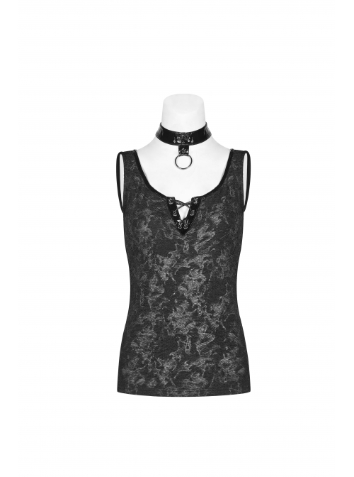 Dark Pattern Knit Metal Ring Choker Front Collar Fork Lace-Up Black Punk Vest