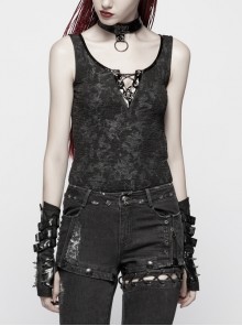 Dark Pattern Knit Metal Ring Choker Front Collar Fork Lace-Up Black Punk Vest