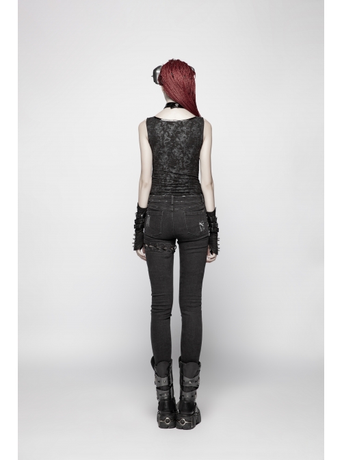 Dark Pattern Knit Metal Ring Choker Front Collar Fork Lace-Up Black Punk Vest