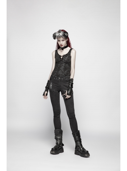 Dark Pattern Knit Metal Ring Choker Front Collar Fork Lace-Up Black Punk Vest