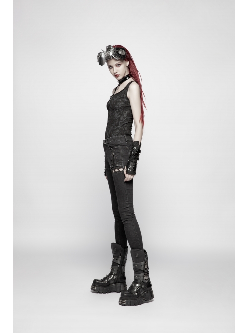 Dark Pattern Knit Metal Ring Choker Front Collar Fork Lace-Up Black Punk Vest