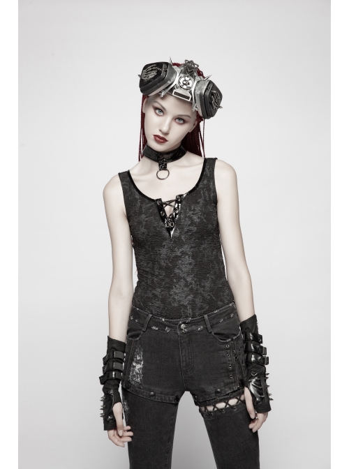 Dark Pattern Knit Metal Ring Choker Front Collar Fork Lace-Up Black Punk Vest