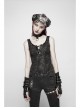 Dark Pattern Knit Metal Ring Choker Front Collar Fork Lace-Up Black Punk Vest