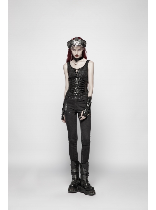 Dark Pattern Knit Metal Ring Choker Front Collar Fork Lace-Up Black Punk Vest