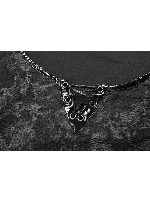 Dark Pattern Knit Metal Ring Choker Front Collar Fork Lace-Up Black Punk Vest