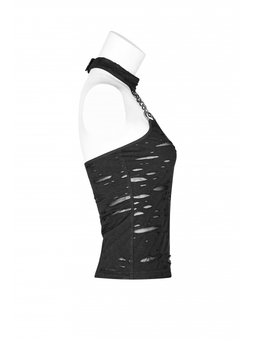 Black Broken Holes Metal Chain Halter Punk Knit Vest