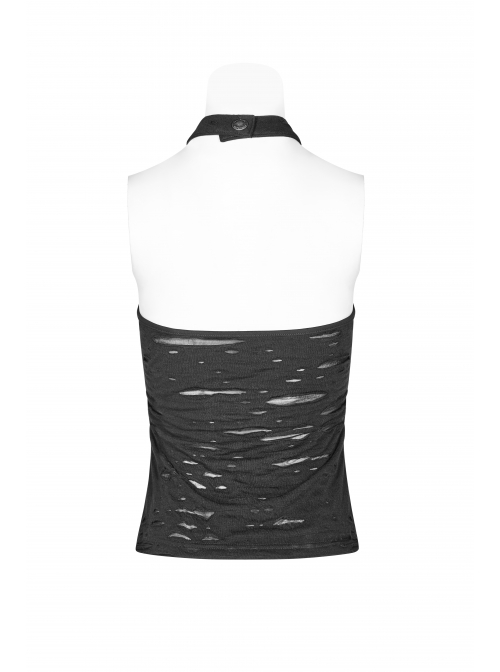 Black Broken Holes Metal Chain Halter Punk Knit Vest