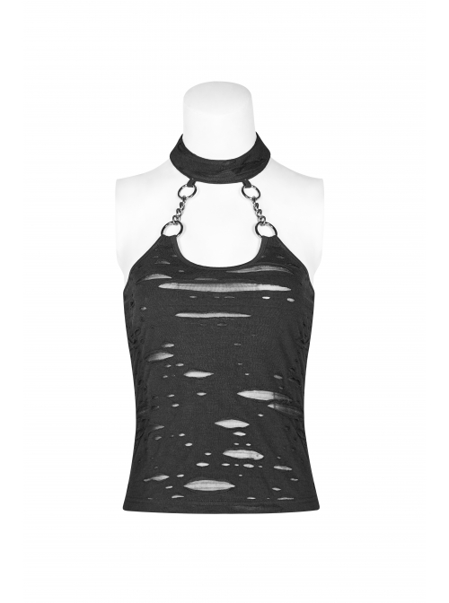 Black Broken Holes Metal Chain Halter Punk Knit Vest