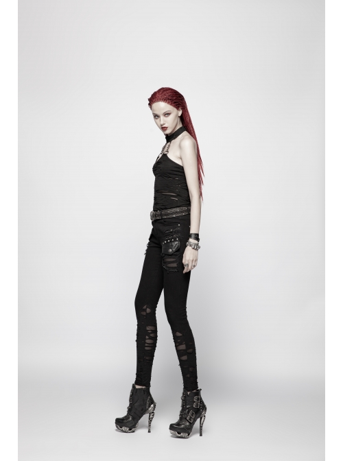 Black Broken Holes Metal Chain Halter Punk Knit Vest