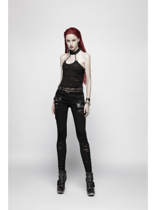 Black Broken Holes Metal Chain Halter Punk Knit Vest