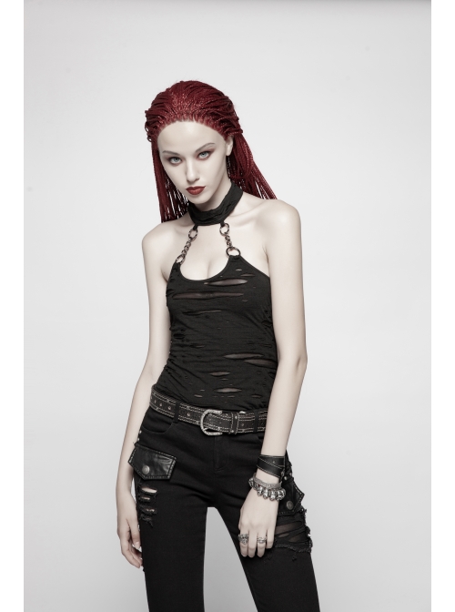 Black Broken Holes Metal Chain Halter Punk Knit Vest