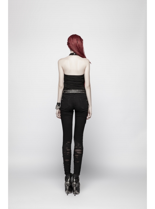 Black Broken Holes Metal Chain Halter Punk Knit Vest