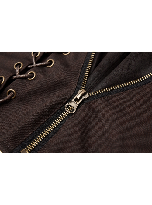 Leather Strap Front Chest Lace-Up Side Metal Zipper Brown Punk Short Vest