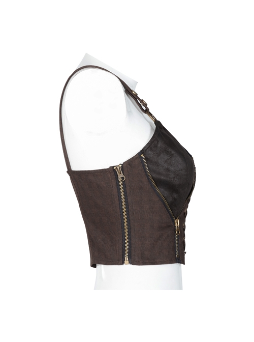 Leather Strap Front Chest Lace-Up Side Metal Zipper Brown Punk Short Vest