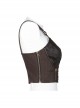 Leather Strap Front Chest Lace-Up Side Metal Zipper Brown Punk Short Vest