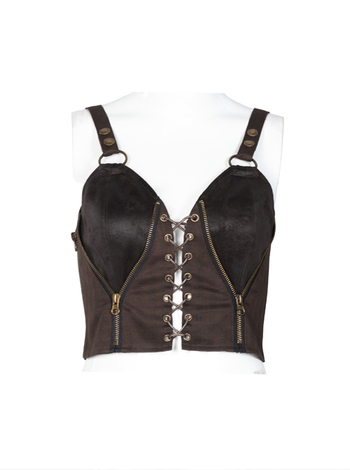 Leather Strap Front Chest Lace-Up Side Metal Zipper Brown Punk Short Vest