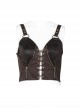 Leather Strap Front Chest Lace-Up Side Metal Zipper Brown Punk Short Vest