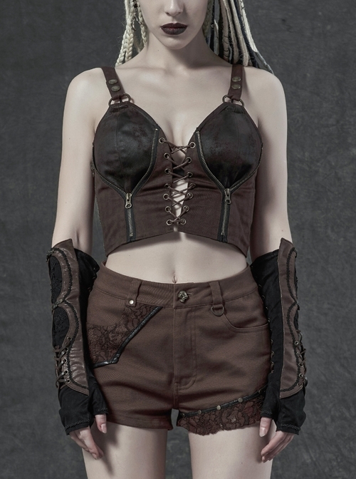 Leather Strap Front Chest Lace-Up Side Metal Zipper Brown Punk Short Vest