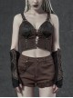Leather Strap Front Chest Lace-Up Side Metal Zipper Brown Punk Short Vest