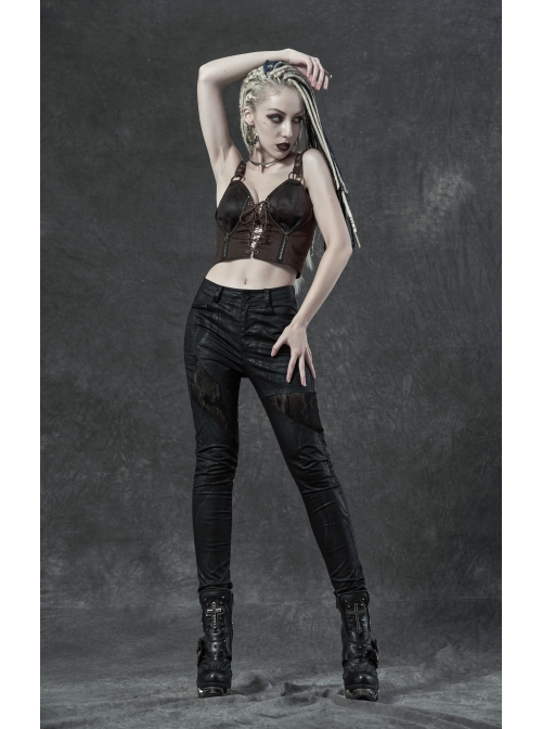 Leather Strap Front Chest Lace-Up Side Metal Zipper Brown Punk Short Vest