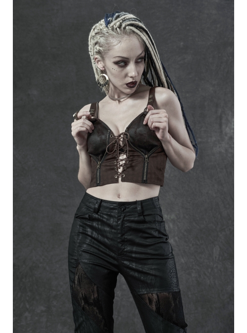 Leather Strap Front Chest Lace-Up Side Metal Zipper Brown Punk Short Vest