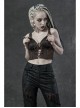 Leather Strap Front Chest Lace-Up Side Metal Zipper Brown Punk Short Vest