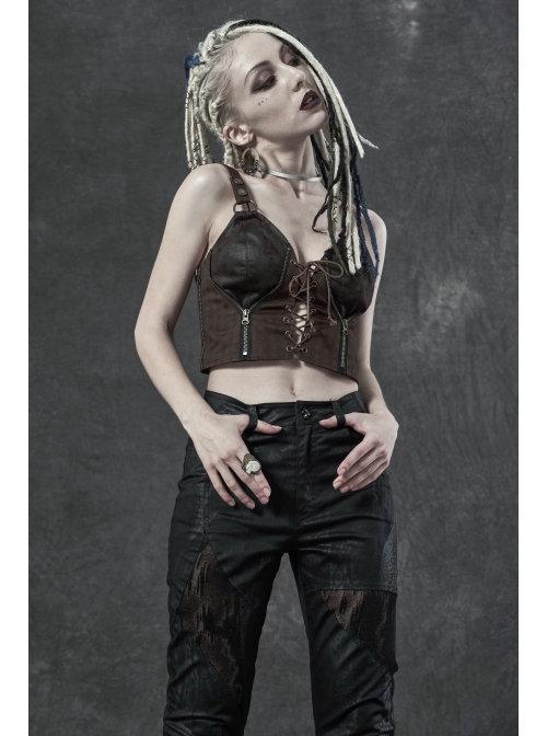 Leather Strap Front Chest Lace-Up Side Metal Zipper Brown Punk Short Vest